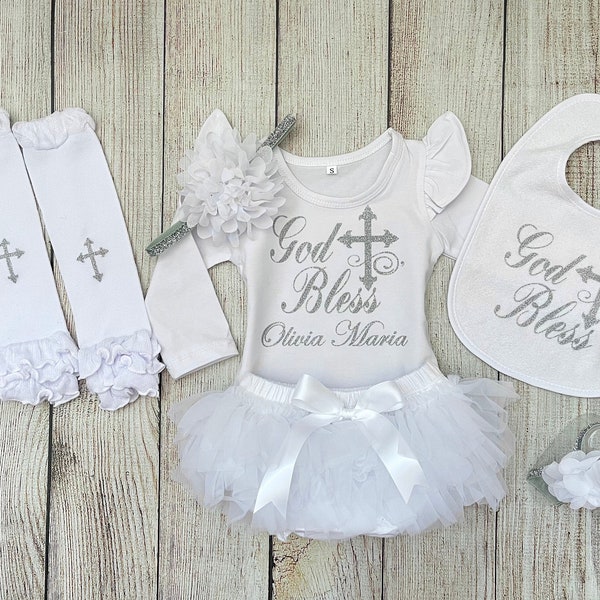 Baby Girl Baptism Outfit in Silver -  Baby Dedication Outfit - Christening Outfit - God Bless Outfit