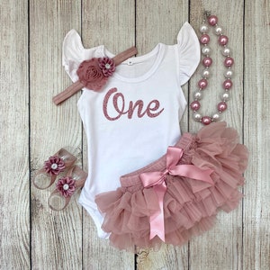 First Birthday "One" Outfit - First Birthday Outfit in Rose Gold Glitter and Dusty Pink - Vintage Pink Birthday - Birthday Photos