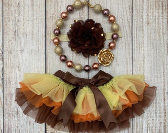 Fall Cake Smash Set - Thanksgiving Tutu Bloomers, Headband and Chunky Bubblegum Necklace.- baby girl thanksgiving outfit