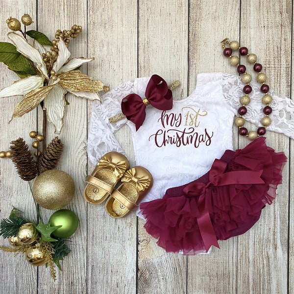 Baby Girl Christmas Outfit in wine/burgundy and Gold - My First Christmas - Baby’s 1st Christmas - Christmas Photos - Preemie Baby