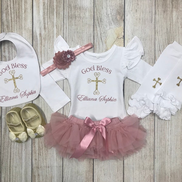 Baby Girl Baptism Outfit in Rose Gold & Gold -  Baby Dedication Outfit - Christening Outfit - God Bless Outfit - Dusty Pink