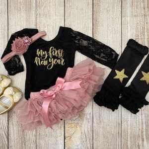Baby Girl 1st New Year Outfit in Rose Gold - Lace Bodysuit - My First New Year Outfit in black and gold - Premie baby