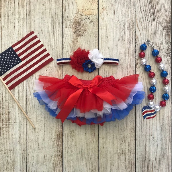 Baby Girl 4th of July Cake Smash Set in Red White and Blue -Tutu Bloomers, Headband and Chunky Bubblegum Necklace