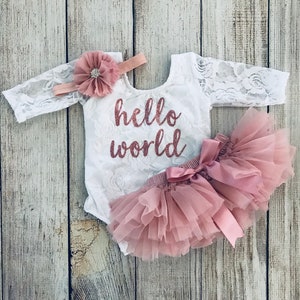 Baby Girl Coming Home Outfit Newborn outfit Hello World Outfit in Rose Gold Lace bodysuit Vintage Pink Newborn Photos Preemie Baby Lace+Tutu+Hb#1