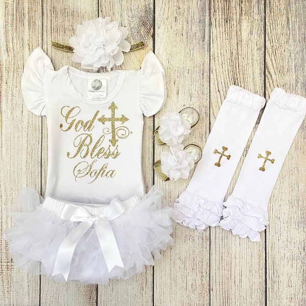 Christening Outfit - Baby Girl Baptism Outfit in Gold and White -  Baby Dedication Outfit - God Bless Outfit - After Party