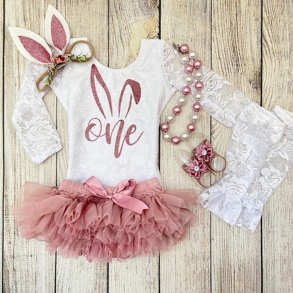 Easter First Birthday Outfit - Baby Girl Bunny Outfit in Rose Gold and Dusty Pink / Mauve - Birthday Photos - Bunny Ears headband