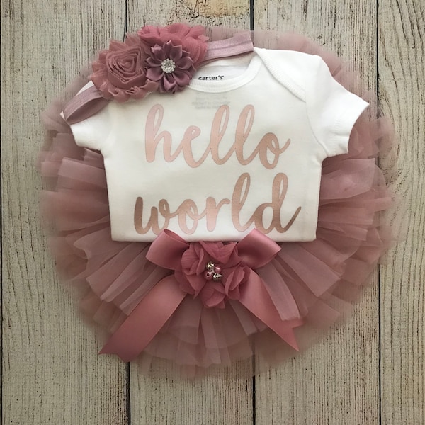 Baby Girl Coming Home Outfit - Hello World Outfit in Rose Gold and Dusty Pink - Vintage Pink - Tutu Bloomers - Newborn Photos - Preemie Baby