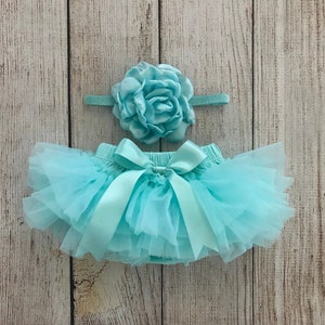 Baby Girl Tutu Bloomer and Flower Headband in Aqua - Newborn Photos - Cake Smash Set - Baby Shower Gift - Diaper Cover - Gold Glitter
