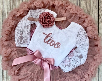 Lace 2nd Birthday Outfit in Dusty Pink - Vintage Pink Two - Rose Gold - Second Birthday Outfit - 1st 2nd 3rd 4th 5th 6th Birthday