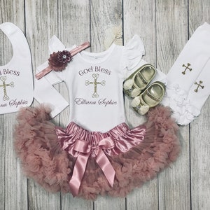 Baby Girl Baptism Outfit in Rose Gold and Gold - Baptism Bodysuit -  Baby Dedication Outfit - Christening Outfit - God Bless Outfit