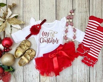 Baby Girl First Christmas Outfit - My First Christmas - Red & Gold - Baby’s 1st Christmas - Christmas Photos