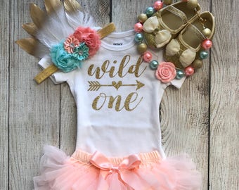 Wild One Girl First Birthday Outfit in Peach and Mint with Tutu Bloomers and Gold tip feather Headband- Cake Smash - 1st Birthday Photos