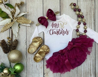 Baby Girl Christmas Outfit in wine/burgundy and Gold - My First Christmas - Christmas Bodysuit - Baby’s 1st Christmas - Christmas Photos