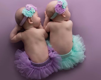 Twin Baby Girl Tutu Bloomers, Headband & Bubblegum Necklace in lavender and aqua - Cake Smash Set - Baby Shower Gift - Diaper Cover