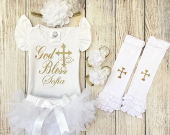 Christening Outfit - Baby Girl Baptism Outfit in Gold and White -  Baby Dedication Outfit - God Bless Outfit - After Party