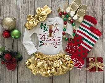Baby Girl My First Christmas Outfit: Gold Ruffle Bloomers Set