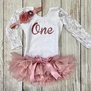 Baby Girl First Birthday Outfit: Rose Gold, Lace Bodysuit & Tutu