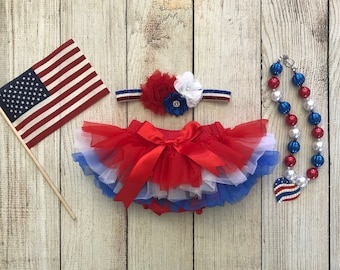 Baby Girl 4th of July Outfit: Tutu Bloomers, Headband & Bubblegum Necklace