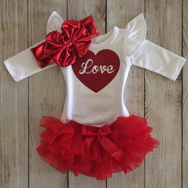 Baby Girl Valentines Day Outfit - Love - Red Glitter Heart- Glitter Love Heart - Tutu Bloomers - Newborn Photos
