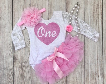 First Birthday Outfit in Pink - Baby Girl Lace - Glitter Heart - Bubblegum Pink One - Baby Girl Birthday Outfit - Cake Smash