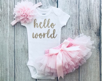 Baby Girl Coming Home Outfit - Hello World Outfit in Light Pink - Hello World - Tutu Bloomers - Newborn Photos