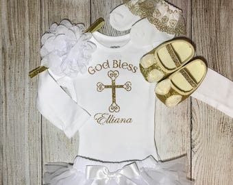 Personalized Baby Girl Baptism Outfit in White and Gold -  Baby Dedication - Christening - God Bless