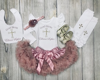 Rose Gold Baptism Outfit: 'God Bless' Bodysuit, Pettiskirt & Bib