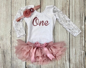 Baby Girl First Lace Birthday Outfit - 1st Birthday Outfit in Rose Gold and Dusty Pink / Mauve - Cake Smash - Birthday Photos