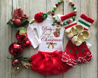 Baby Girl First Christmas Outfit - My First Christmas - Baby Girl Christmas Photos - Baby’s 1st Christmas - Chunky Christmas Necklace