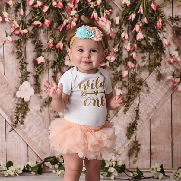 Wild One First Birthday Outfit: Peach Tutu, Mint Headband