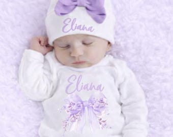 Personalized Baby Girl Coming Home Outfit: White and Lavender Romper and Hat