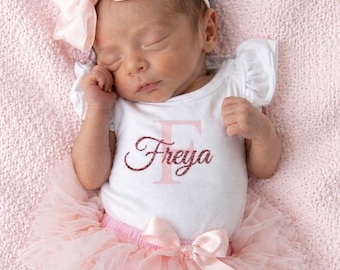 Personalized Baby Girl Coming Home Outfit in Light Pink and Rose Gold - Newborn Photos - Preemie Baby