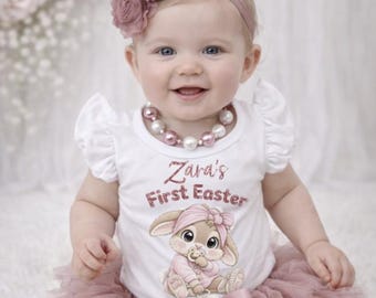Baby Girl Personalized First Easter Outfit: Dusty Pink Tutu Bloomers