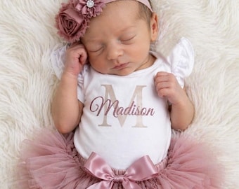 Personalized Baby Girl Coming Home Outfit in Rose Gold and Dusty Pink- Newborn Photos