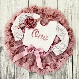 Baby Girl Lace First Birthday Outfit in Dusty Pink Vintage Pink