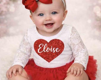 Personalized Baby Girl Valentine’s Day Outfit – Red Glitter Heart