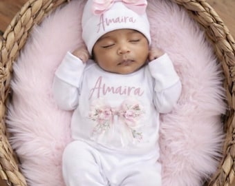 Personalized Baby Girl Coming Home Outfit: White and Pink Romper and Hat
