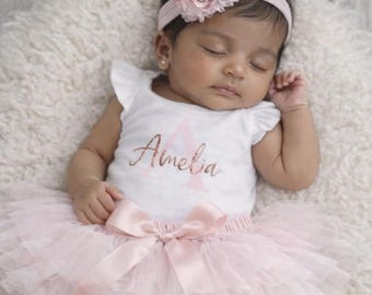 Personalized Baby Girl Coming Home Outfit in Rose Gold and Light Pink- Newborn Photos