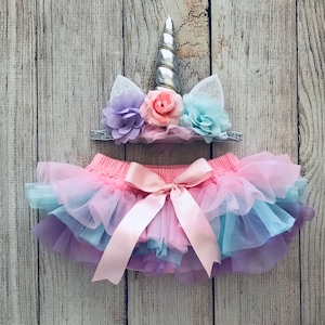 Unicorn Cake Smash Set in Silver, Pink, Aqua & Purple - Rainbow Tutu Bloomers - Unicorn Headband - Chunky Necklace - Diaper Cover