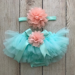 Baby Girl Tutu Bloomer & Headband in Mint and Peach - Aqua Teal Peach - Newborn Photos - Cake Smash Set - Baby Shower Gift - Diaper Cover