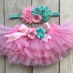 Baby Girl Bloomer and Headband Set in Pink and Mint - Tutu Bloomers - Newborn Photos - Cake Smash - Diaper Cover - Nappy Cover
