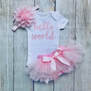 Baby Girl Coming Home Outfit - Hello World Outfit in Light Pink - Hello World - Tutu Bloomers - Newborn Photos - Preemie Baby