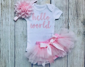 Baby Girl Coming Home Outfit - Hello World Outfit in Light Pink - Hello World - Tutu Bloomers - Newborn Photos - Preemie Baby