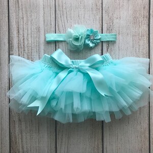 Baby Girl Tutu Bloomer and Flower Headband in Aqua - Newborn Photos - Cake Smash Set - Baby Shower Gift - Diaper Cover - Ruffle Bloomers