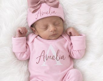 Personalized Baby Girl Coming Home Outfit: Pink Romper and Hat - Rose Gold Glitter