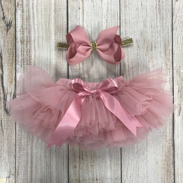 Baby Girl Ruffle Tutu Bloomer & Gold Glitter Bow Headband Set in Dusty Pink -Newborn Photos - Cake Smash Set -Baby Shower Gift -Diaper Cover