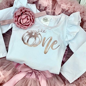 Pumpkin First Birthday Outfit 1st Birthday Outfit in Rose Gold and Dusty Pink Pumpkin Cake Smash Fall Birthday Photos image 1