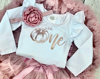 Pumpkin First Birthday Outfit - 1st Birthday Outfit in Rose Gold and Dusty Pink - Pumpkin Cake Smash - Fall Birthday Photos