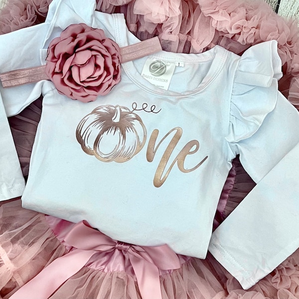 Pumpkin First Birthday Outfit - 1st Birthday Outfit in Rose Gold and Dusty Pink - Pumpkin Cake Smash - Fall Birthday Photos