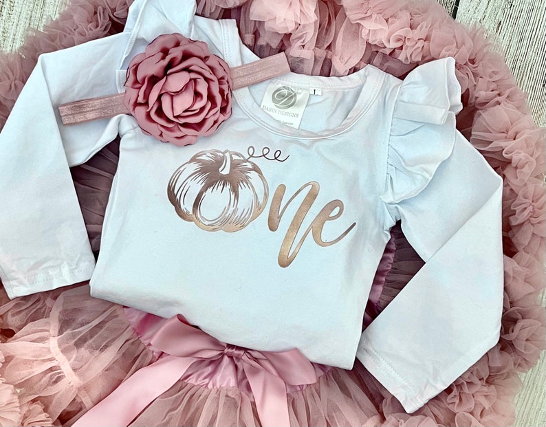 Pumpkin First Birthday Outfit 1st Birthday Outfit in Rose Gold and Dusty Pink Pumpkin Cake Smash Fall Birthday Photos image 1